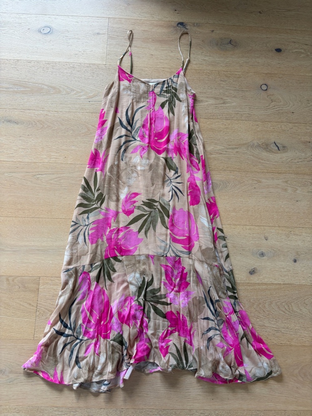 Z Supply Beige Maxi Slip Dress with Hot Pink Floral